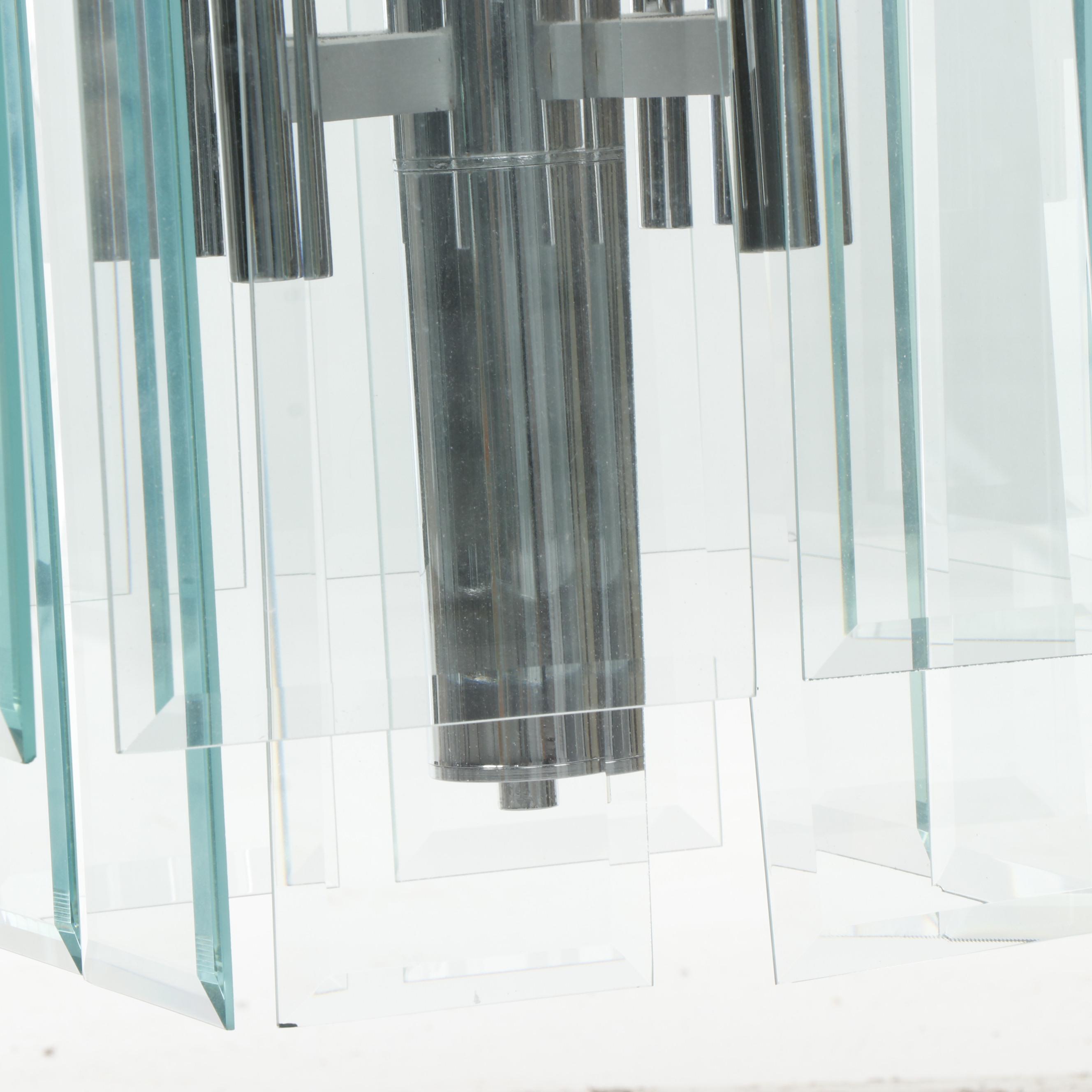 Mid Century Modern Chrome Chandelier with Beveled Glass Panels