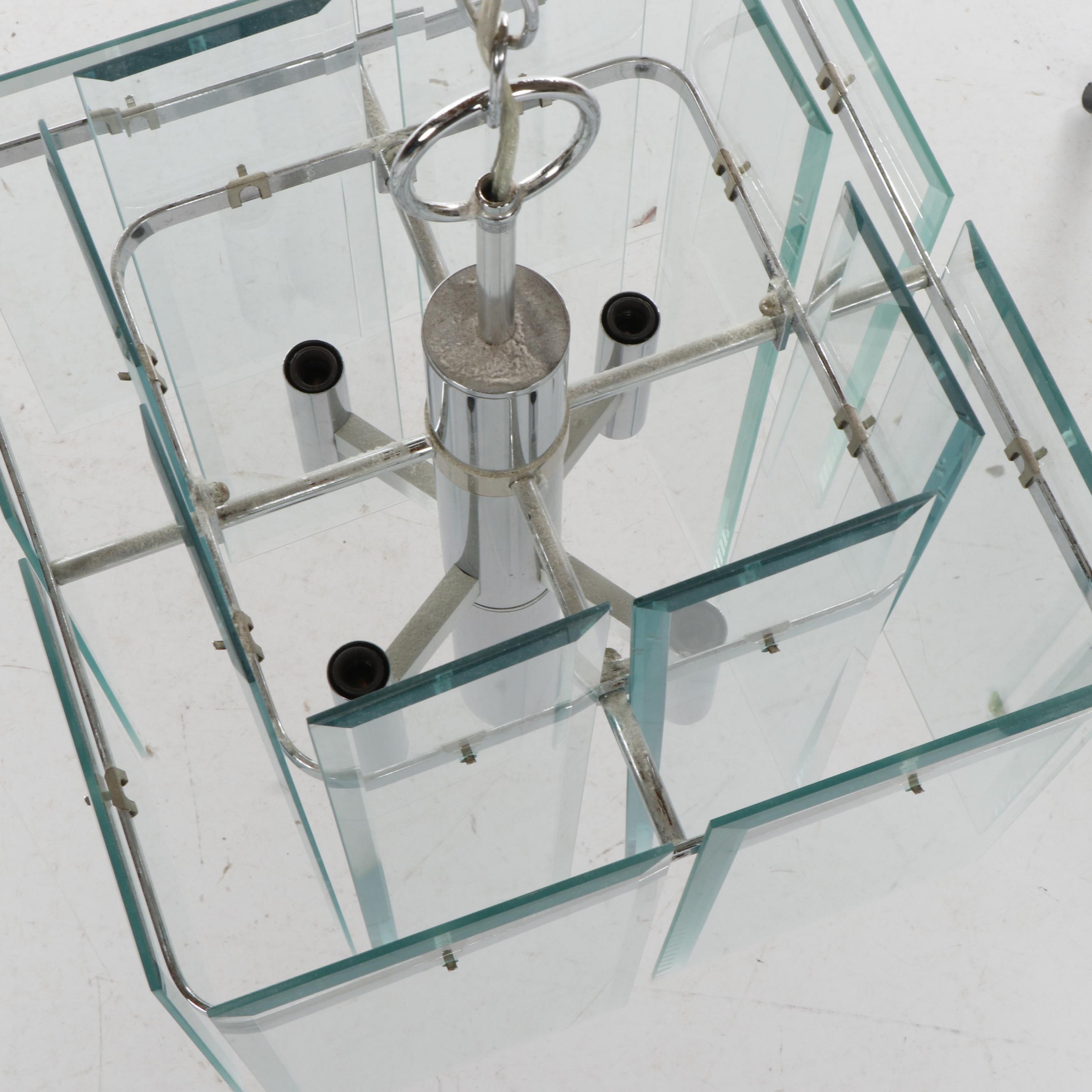 Mid Century Modern Chrome Chandelier with Beveled Glass Panels