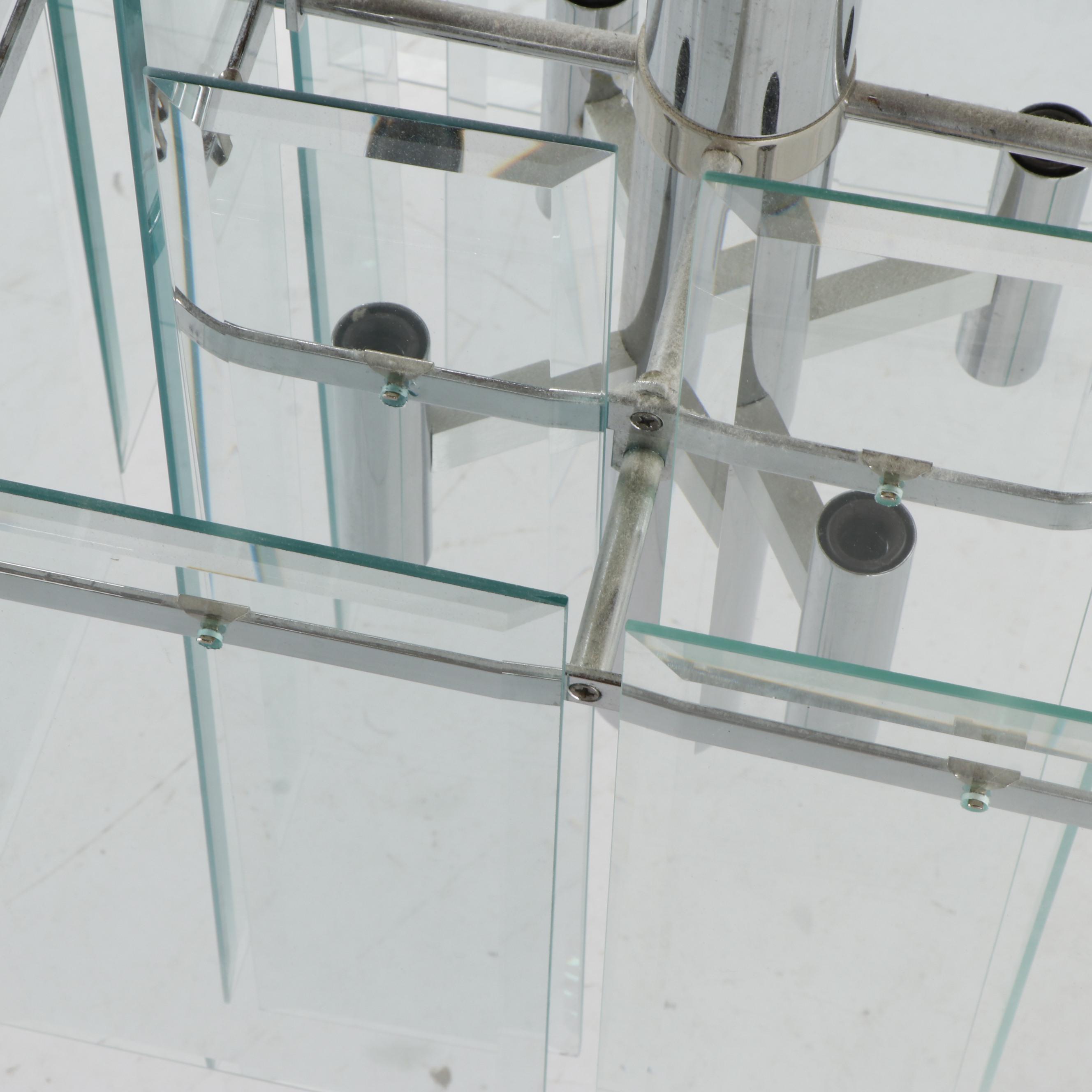 Mid Century Modern Chrome Chandelier with Beveled Glass Panels