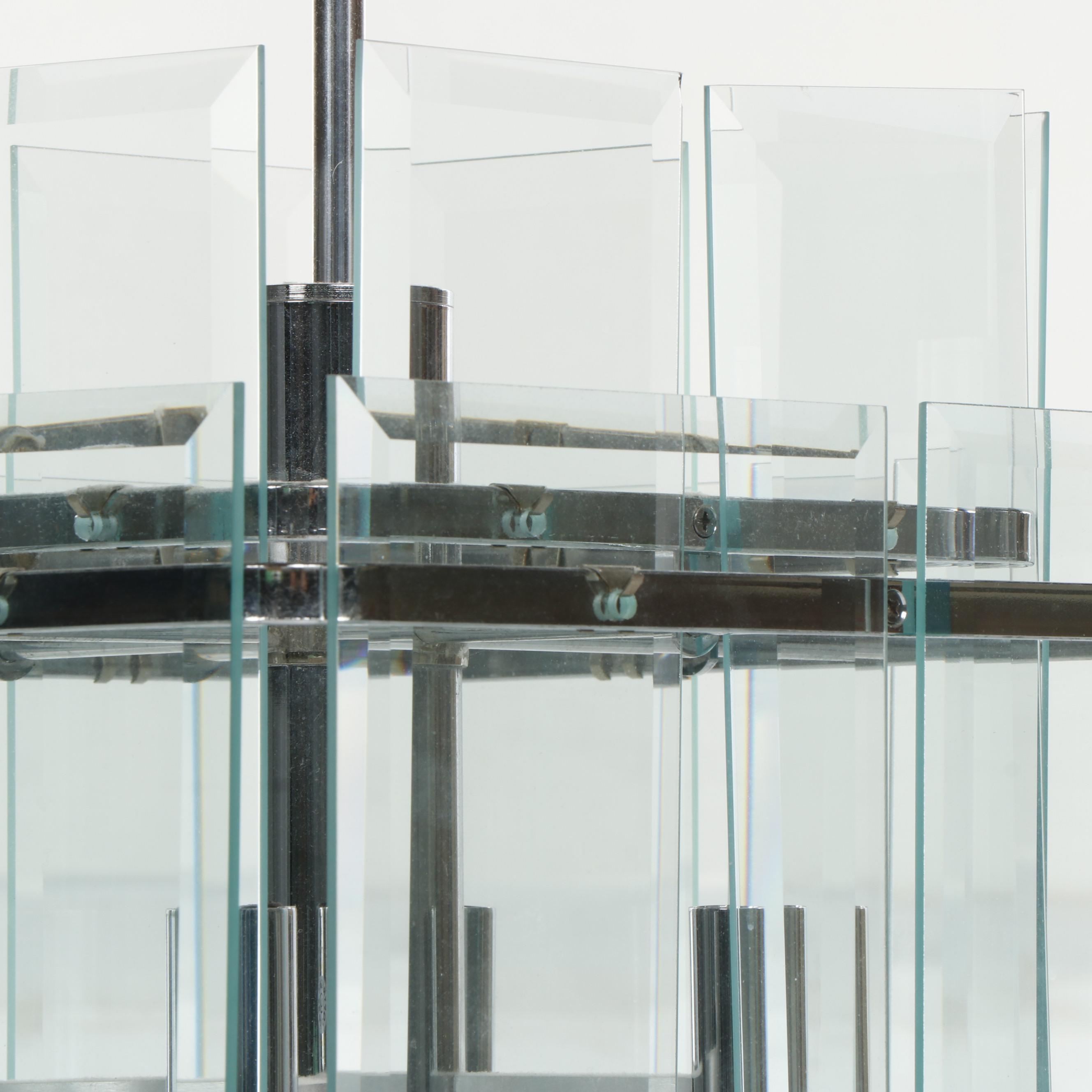 Mid Century Modern Chrome Chandelier with Beveled Glass Panels