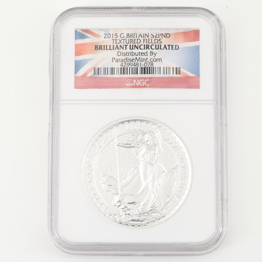 NGC Graded Brilliant Uncirculated 2015 £2 Brittania Silver Coin
