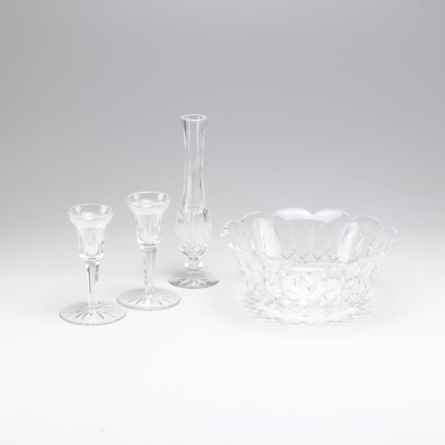 Waterford "Lismore" Bowl and Bud Vase with "Carina" Candlesticks