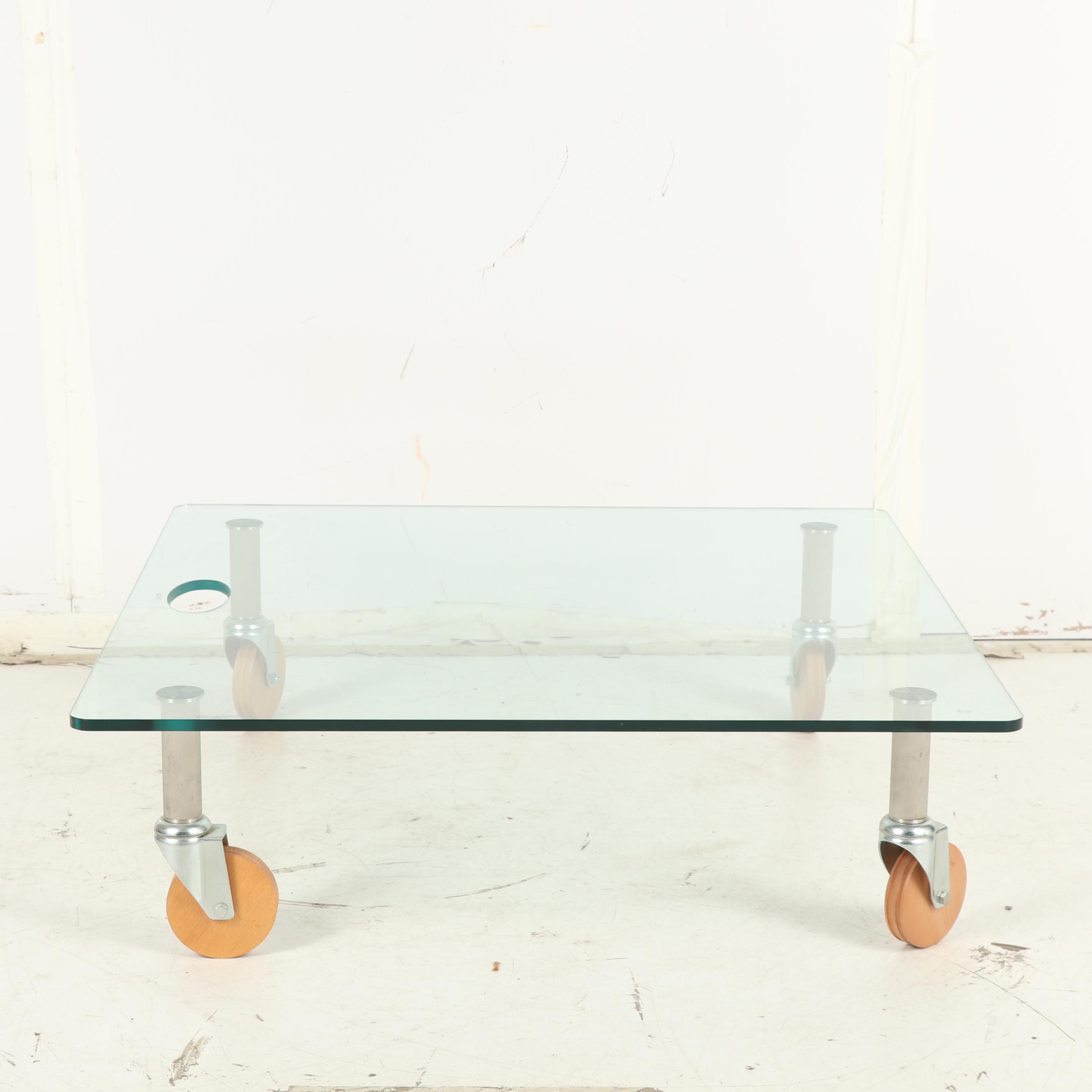 Industrial Style Square Glass Top Coffee Table on Steel and Wood Wheels