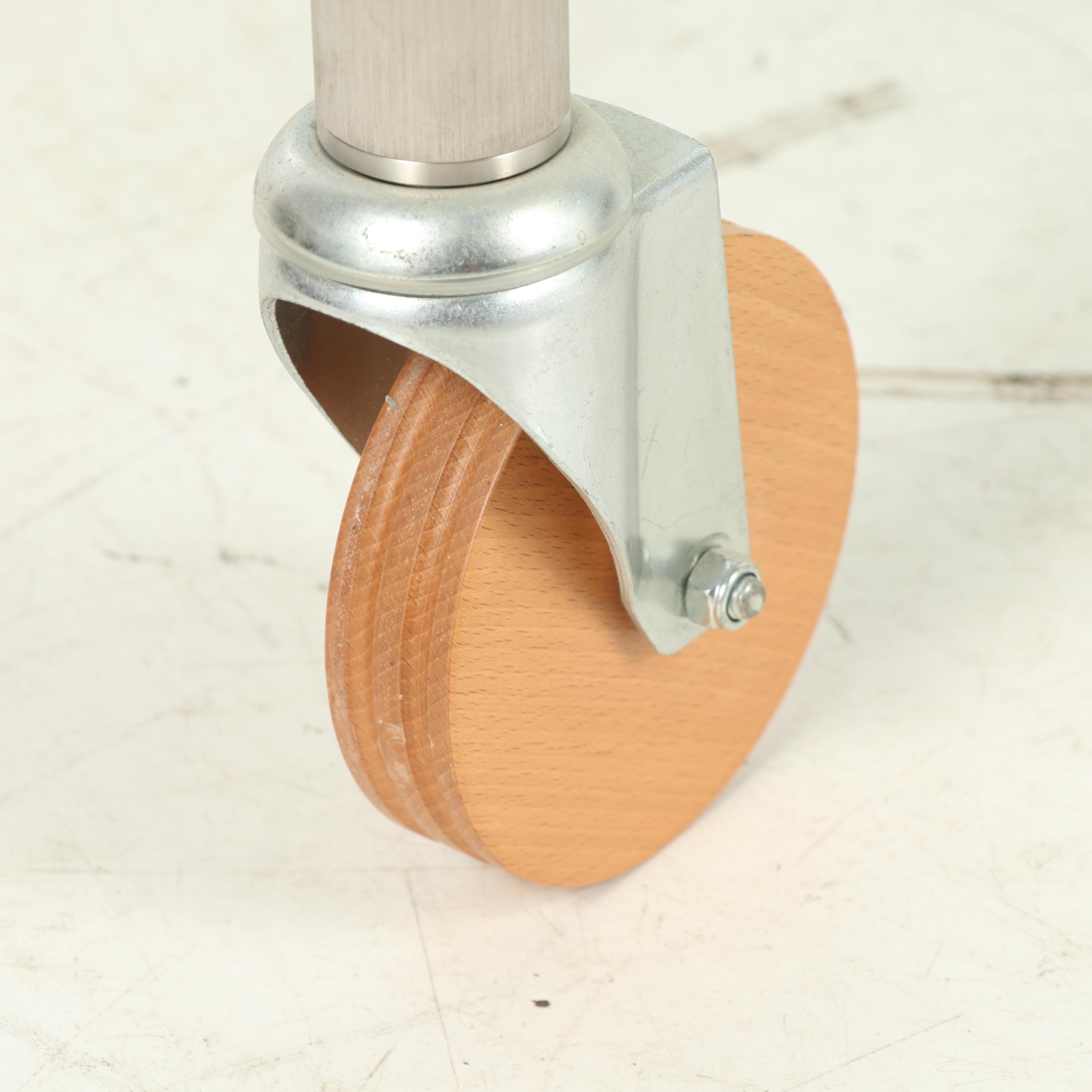 Industrial Style Square Glass Top Coffee Table on Steel and Wood Wheels