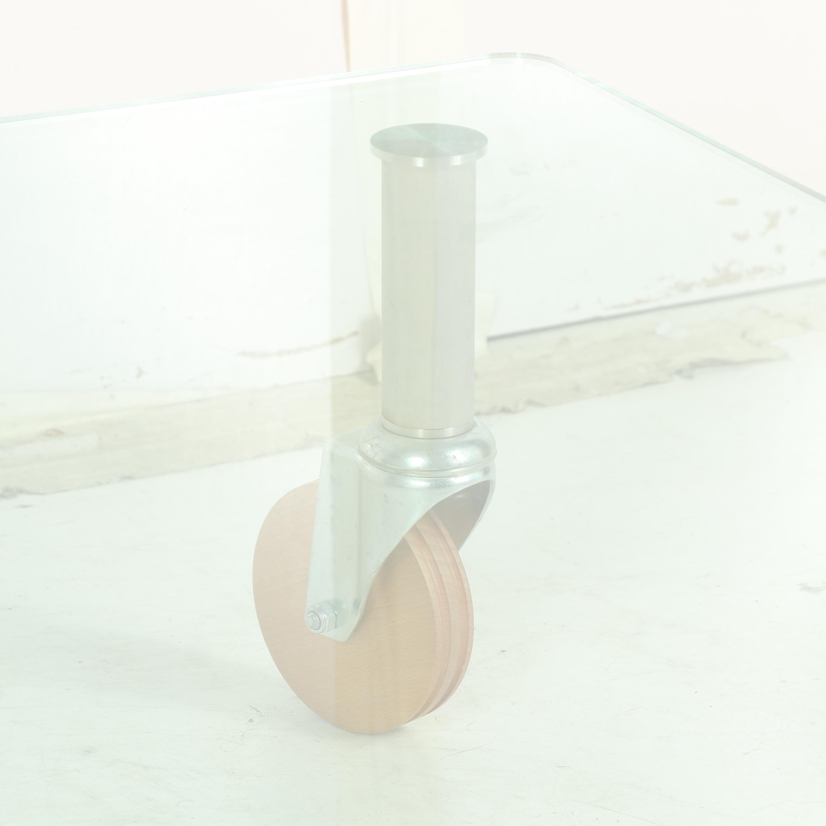 Industrial Style Square Glass Top Coffee Table on Steel and Wood Wheels