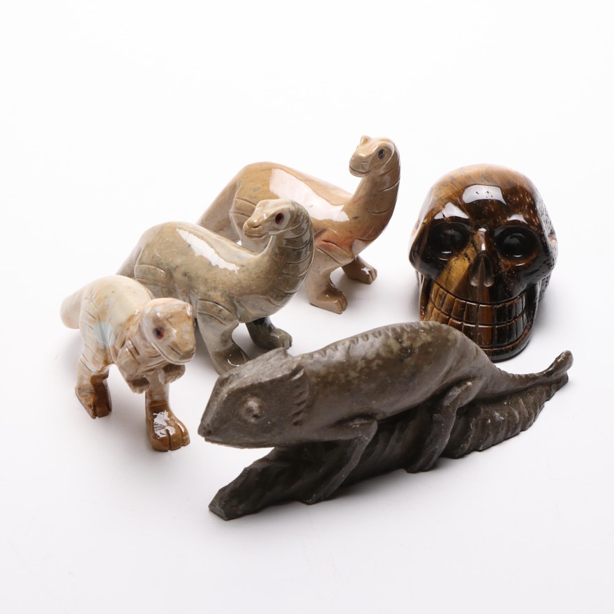 Soapstone and Serpentine Animal Figurines and Tiger's Eye Skull Figurine