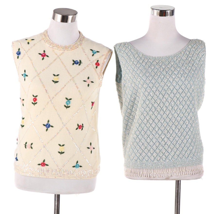 Faux Pearl and Floral Beaded Sleeveless Knit Tops Including Marchessa
