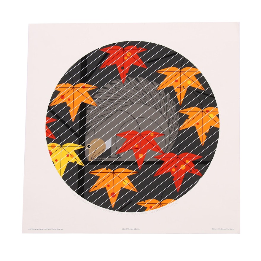 Charley Harper Serigraph "Squirrel in a Squall"
