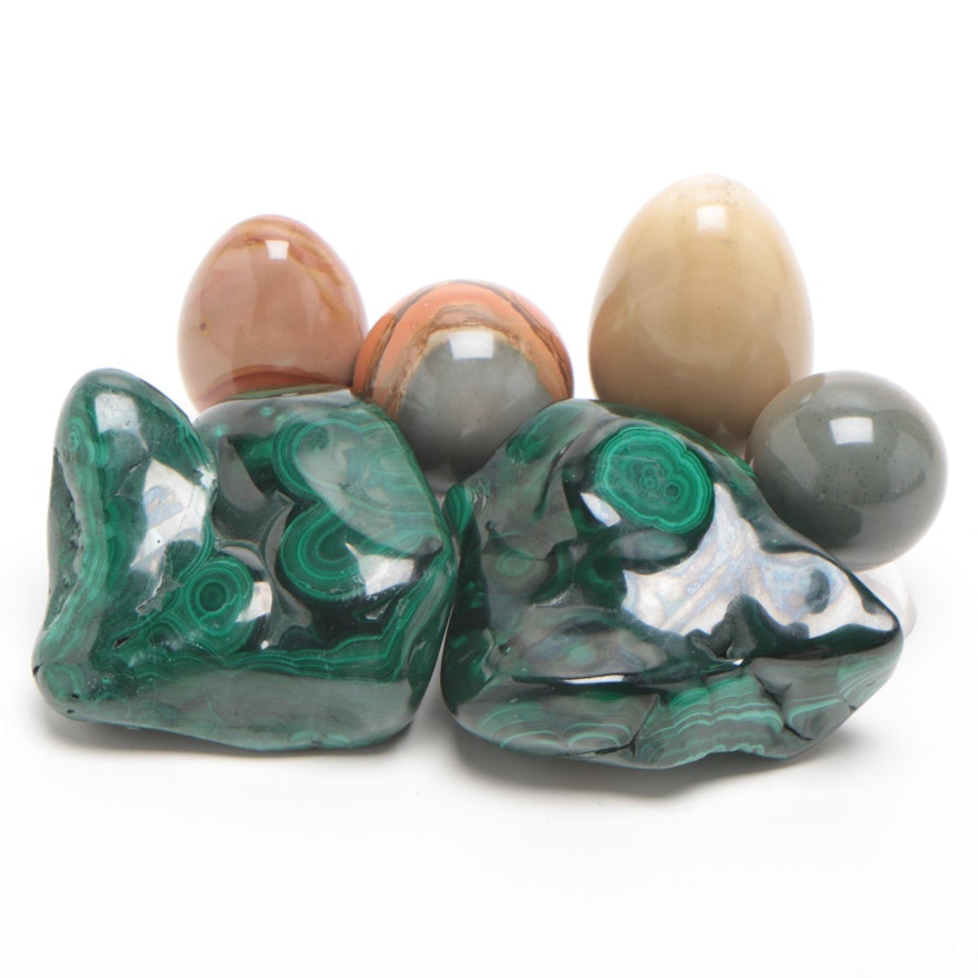 Polished Malachite Specimens, Banded Agate Spheres and Polished Jasper Eggs