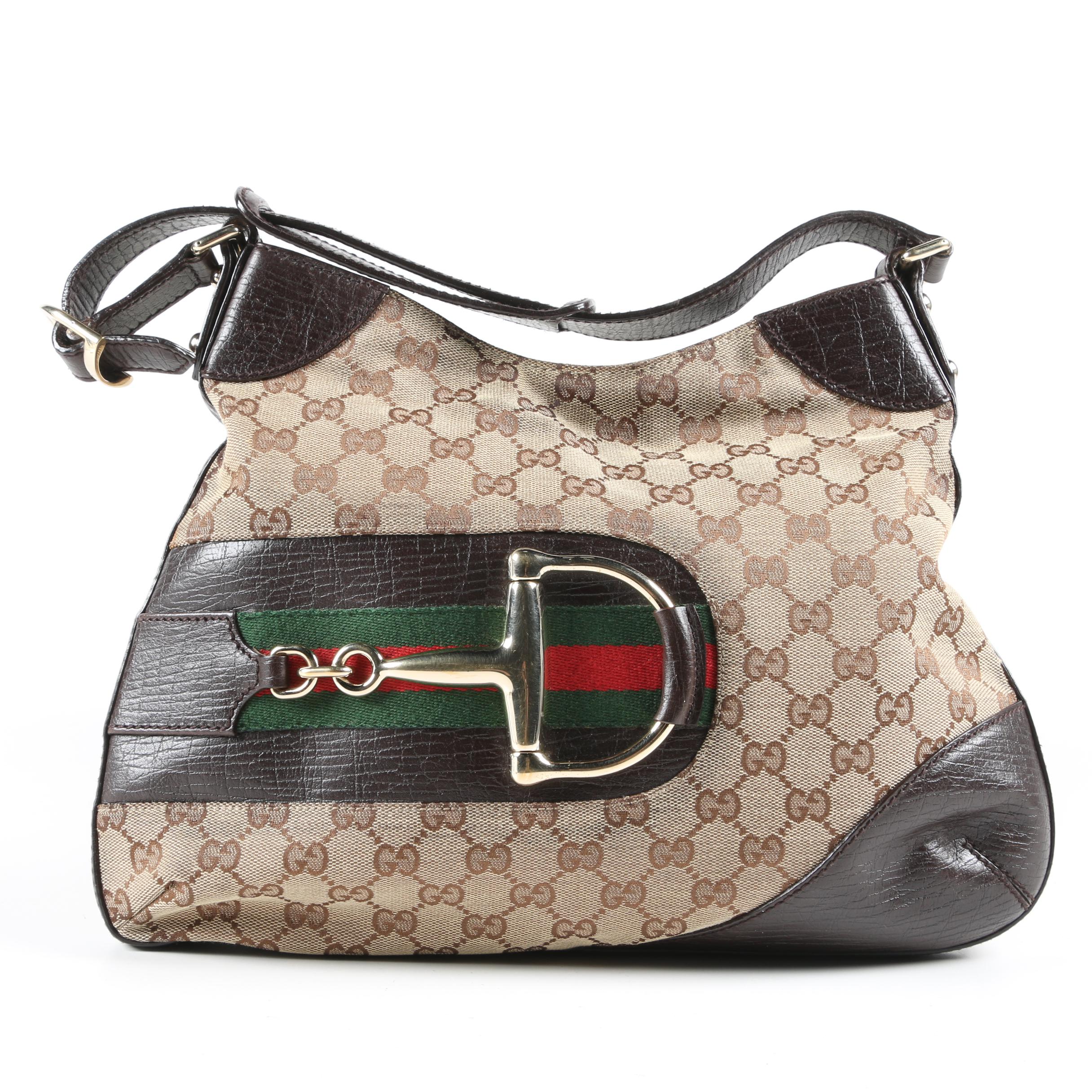 Gucci Hasler Horsebit Web Stripe Hobo Bag in GG Canvas and Brown Leather
