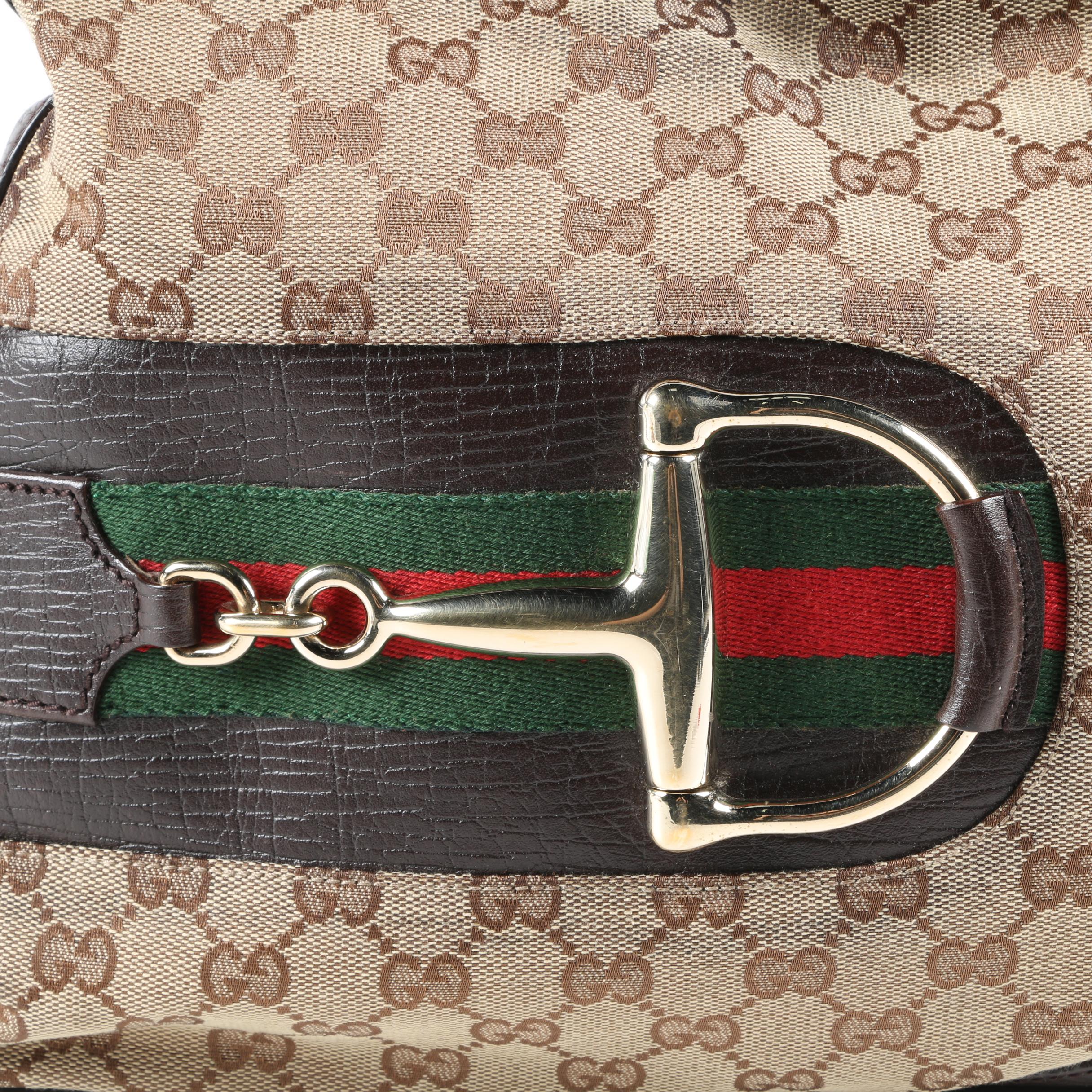 Gucci Hasler Horsebit Web Stripe Hobo Bag in GG Canvas and Brown Leather