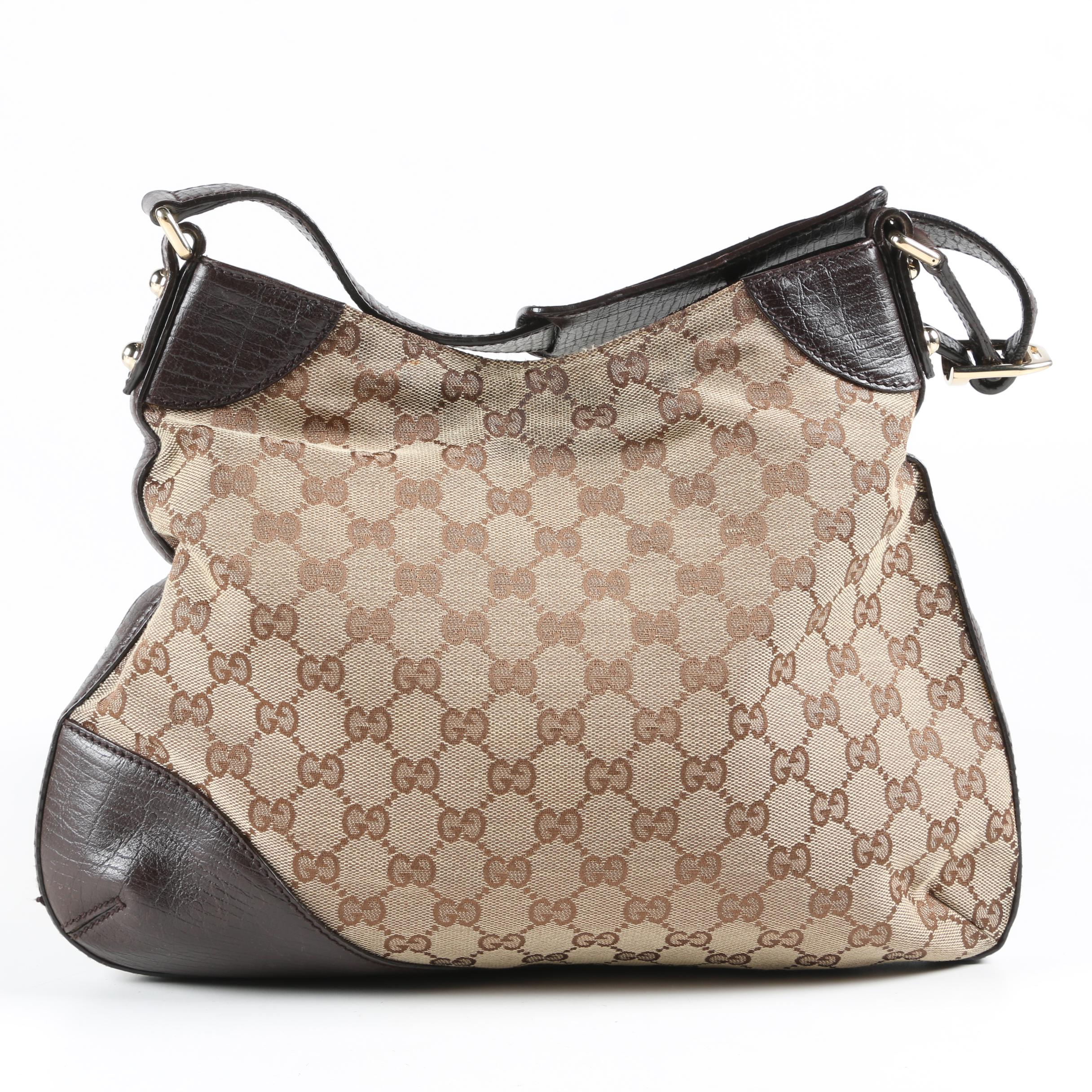 Gucci Hasler Horsebit Web Stripe Hobo Bag in GG Canvas and Brown Leather