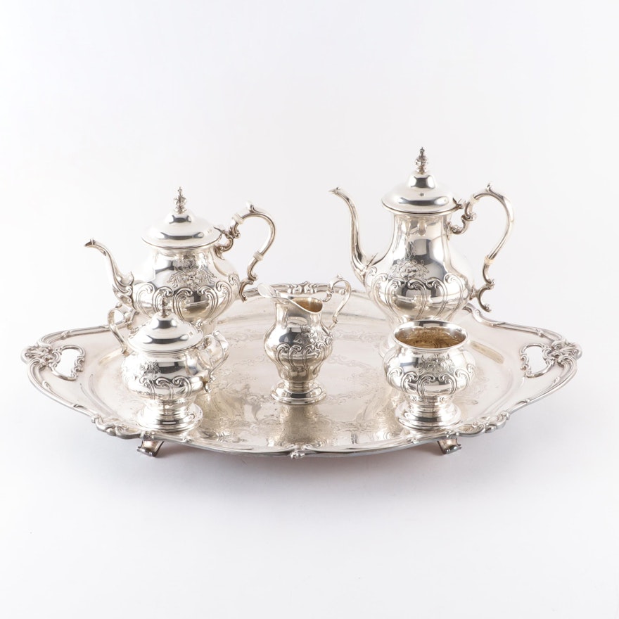 Gorham "Chantilly" Sterling Silver Tea Service with Silver Plate Tray