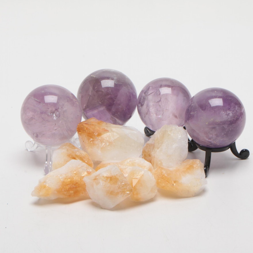 Polished Amethyst Spheres with Natural Citrine Points