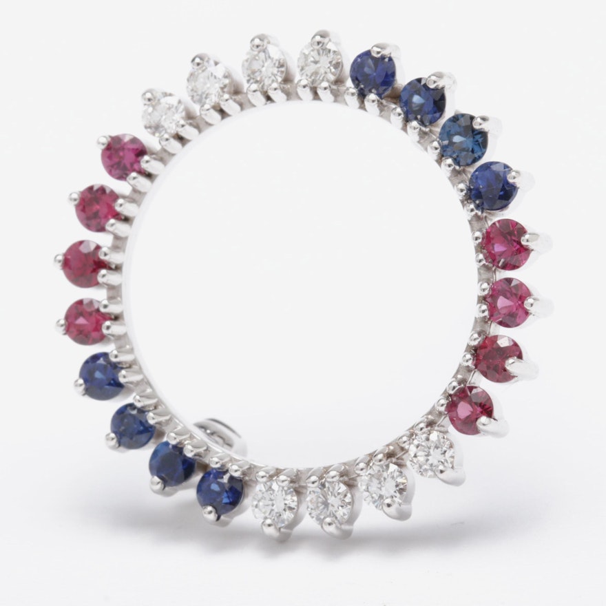 14K White Gold Diamond, Ruby and Sapphire Brooch