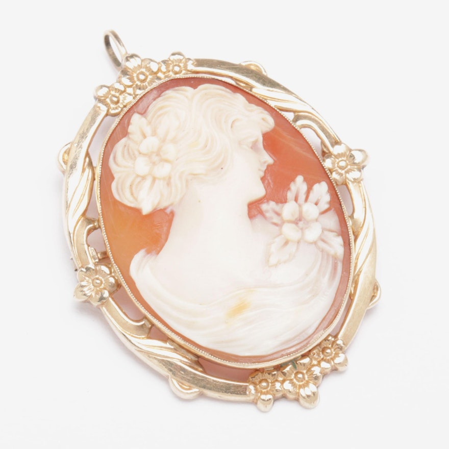 Vintage 10K Yellow Gold Shell Cameo Converter Brooch
