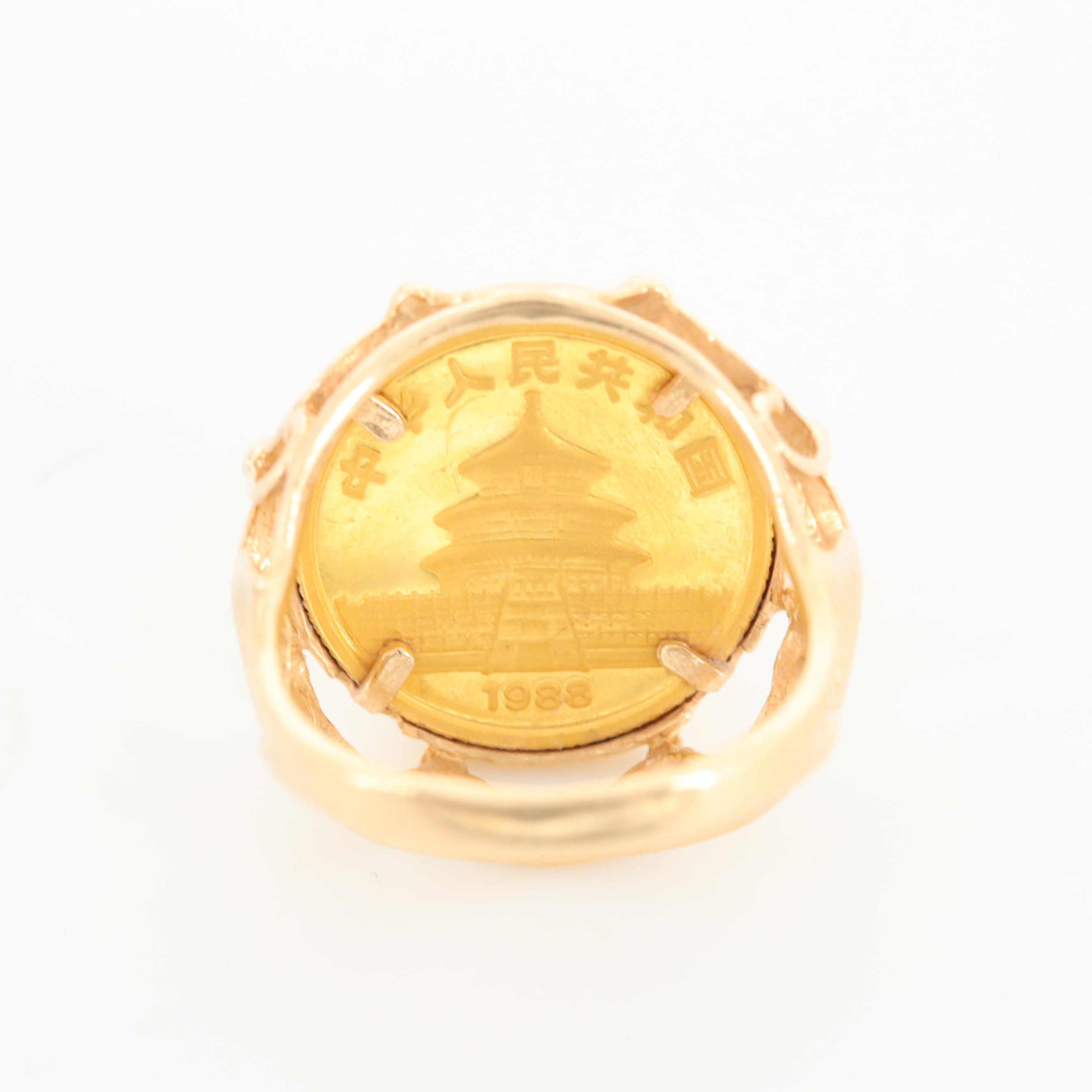 14K Yellow Gold Ring with 1988 China 5-Yuan 1/20 Oz. Gold Panda Bullion Coin
