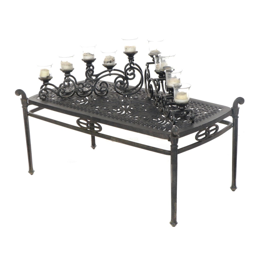 Contemporary Black Metal Patio Coffee Table and Candle Holders