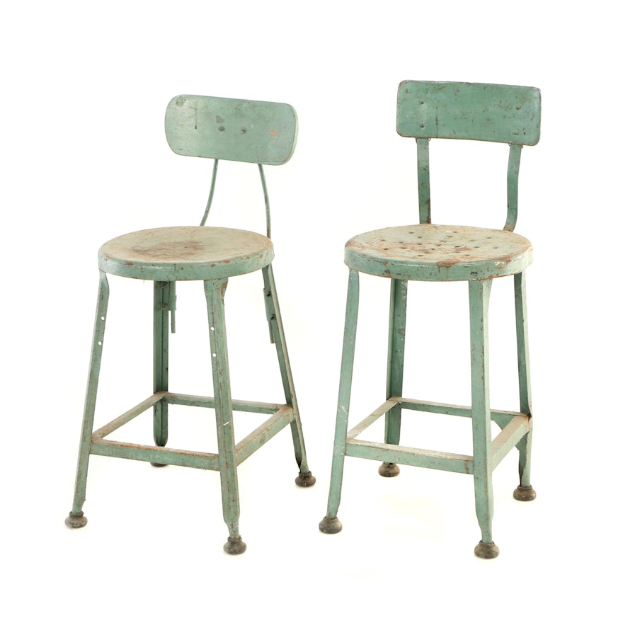Two Industrial Green-Painted Stools, 20th Century