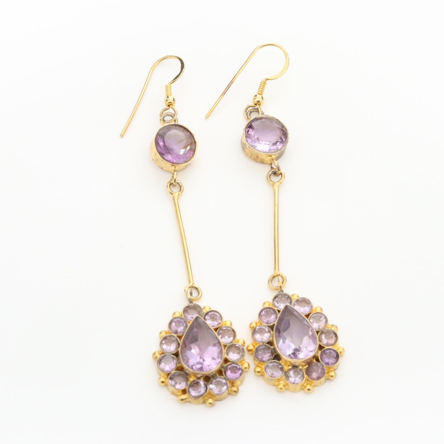 Gold Tone Amethyst Dangle Earrings