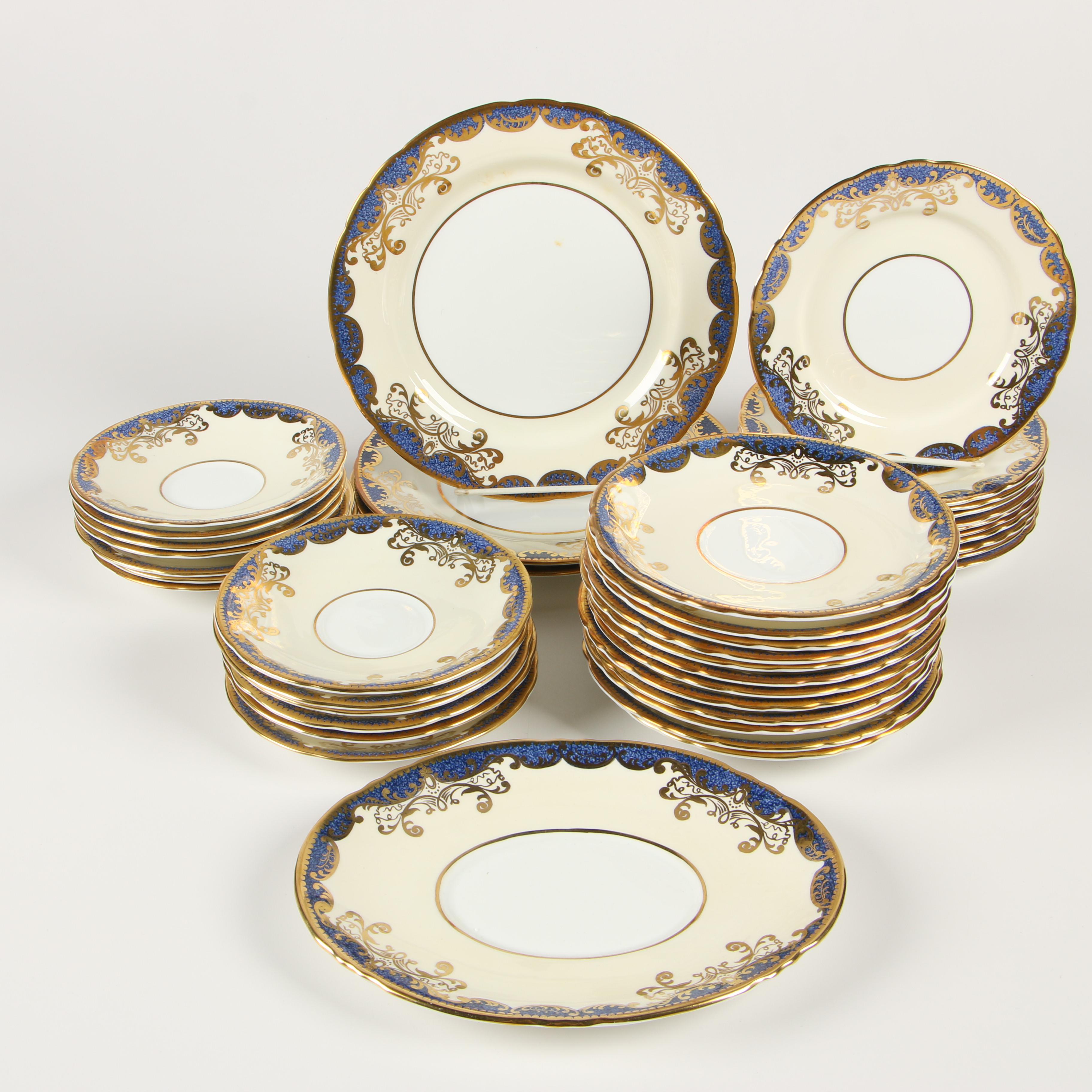 English Aynsley Bone China Dinnerware with Dark Blue and Gold Trim