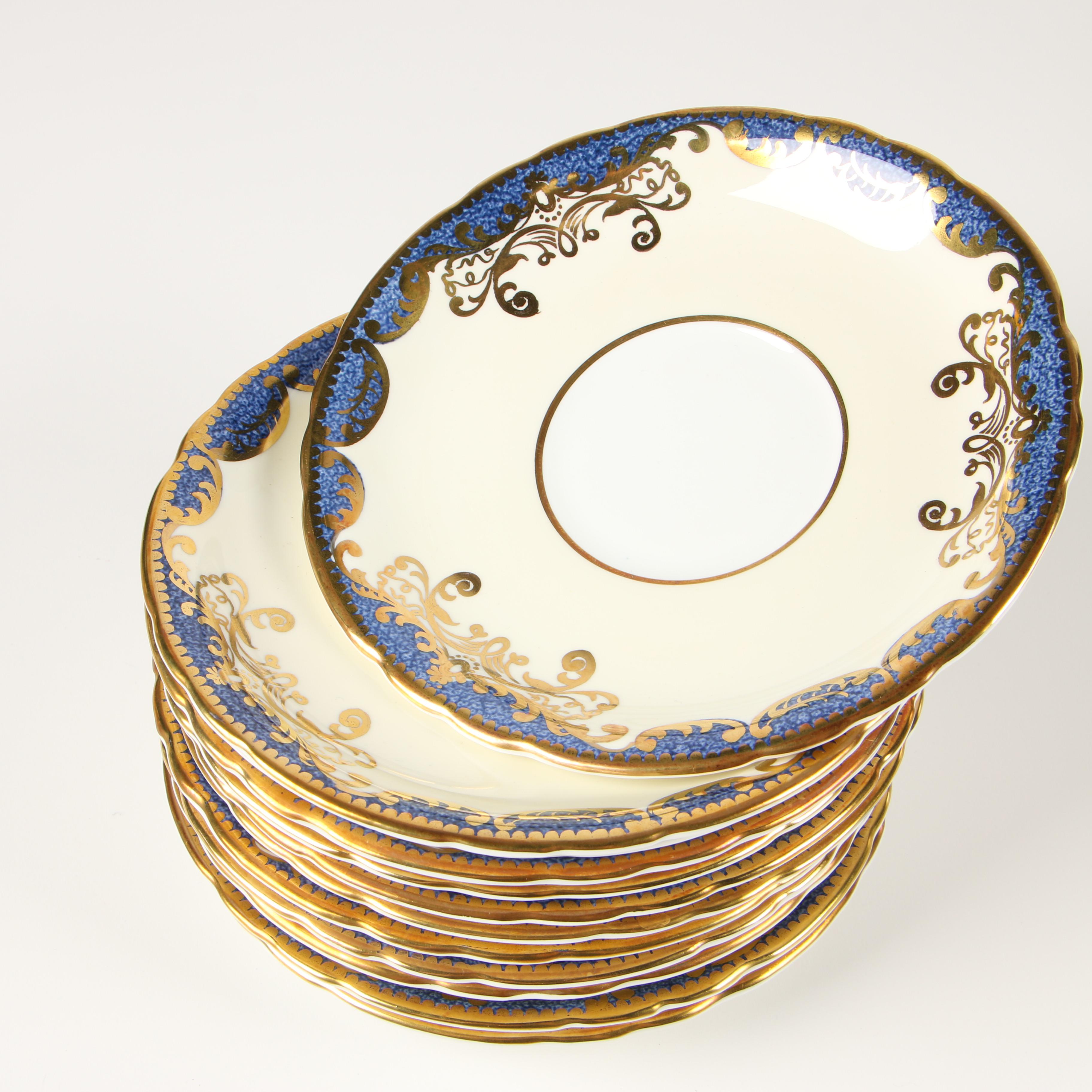 English Aynsley Bone China Dinnerware with Dark Blue and Gold Trim