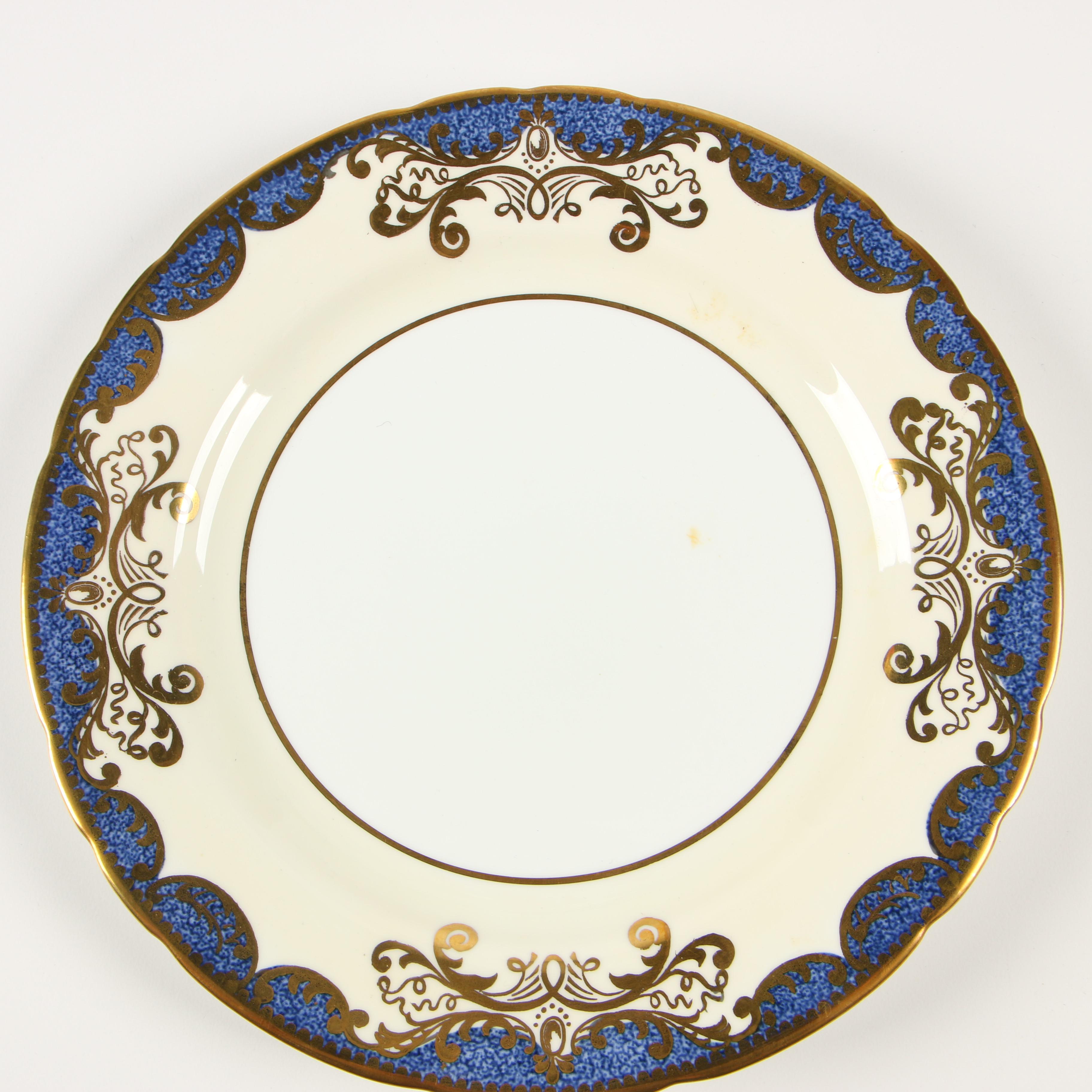 English Aynsley Bone China Dinnerware with Dark Blue and Gold Trim