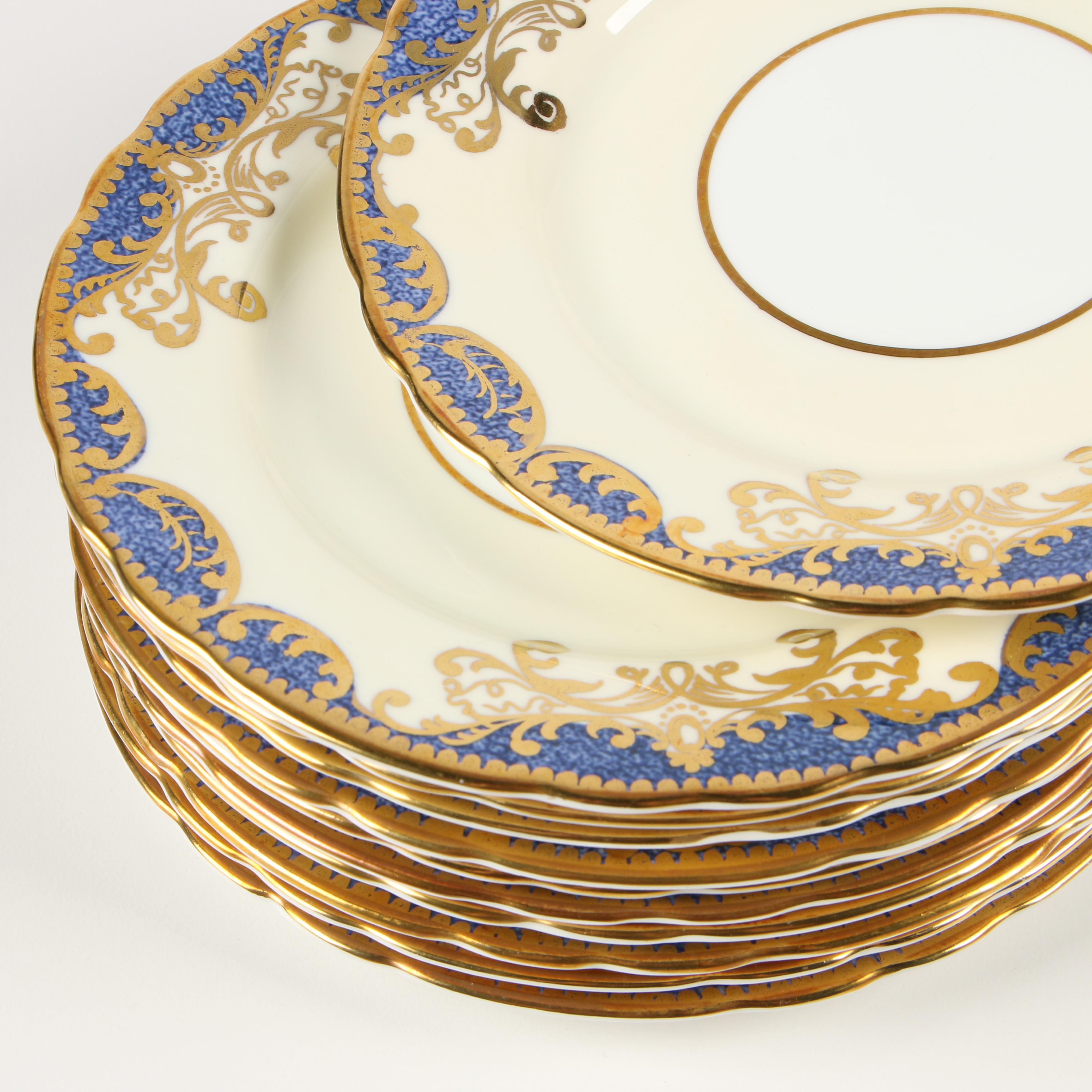 English Aynsley Bone China Dinnerware with Dark Blue and Gold Trim