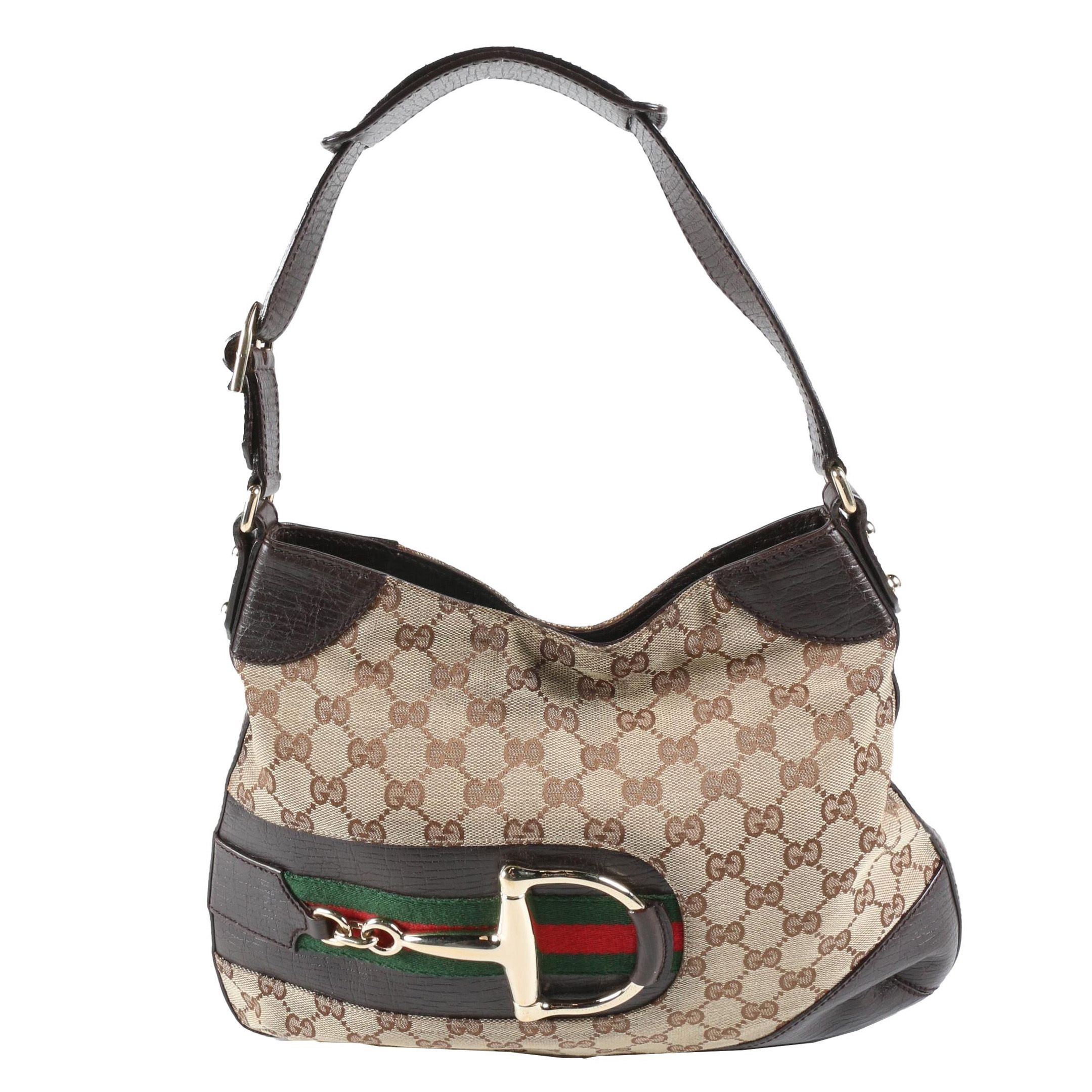 Gucci Hasler Horsebit Web Stripe Hobo Bag in GG Canvas and Brown Leather