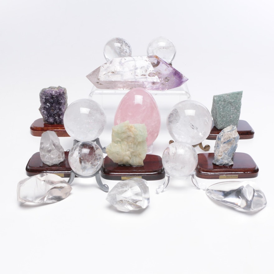 Polished Rose Quartz, Amethyst Crystal, Aquamarine, and Other Minerals