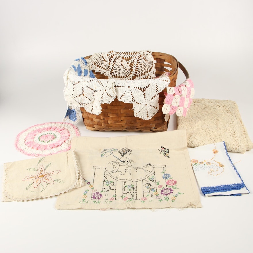 Split Wood Basket with Lace and Embroidered Table Linens