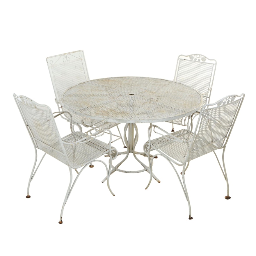 Five-Piece White-Painted Metal and Wire-Mesh Patio Dining Group, 20th Century