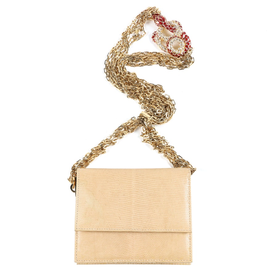 Valentino Garavani Beige Lizard Skin Flap Bag with Embellished Snake Accent