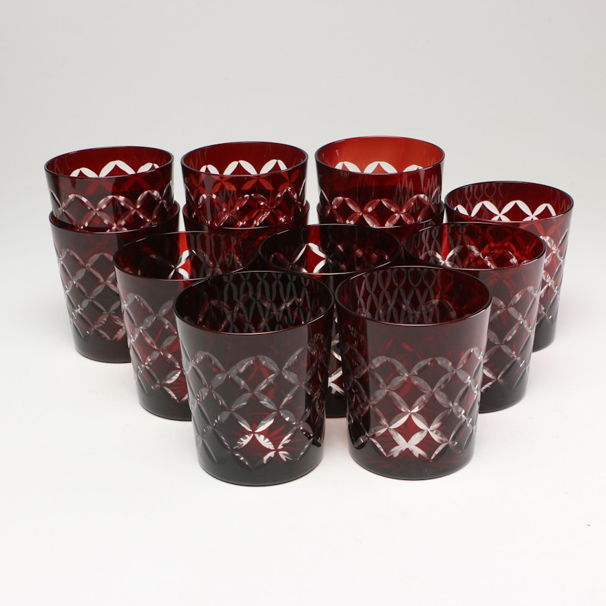 Bohemian Style Ruby Flashed Cut to Clear Glass Tumblers, Set of Twelve