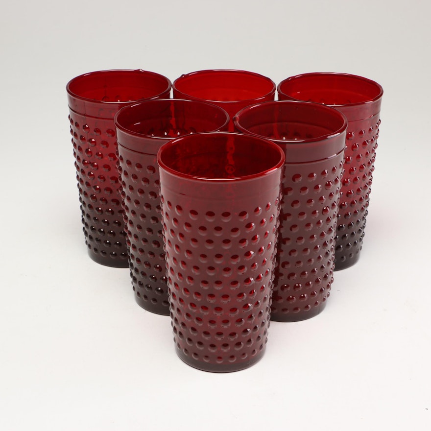 Assortment of Ruby Hobnail Glass Tumblers, Group of Six