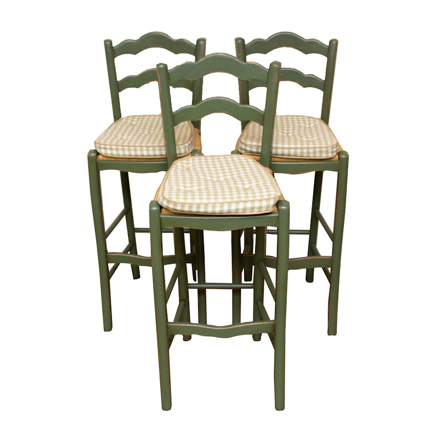 Three French Country Style Painted Wood and Rush-Seat Barstools