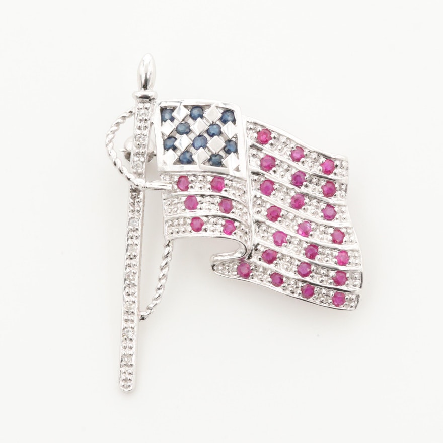 14K White Gold Ruby, Blue Sapphire and Diamond American Flag Brooch