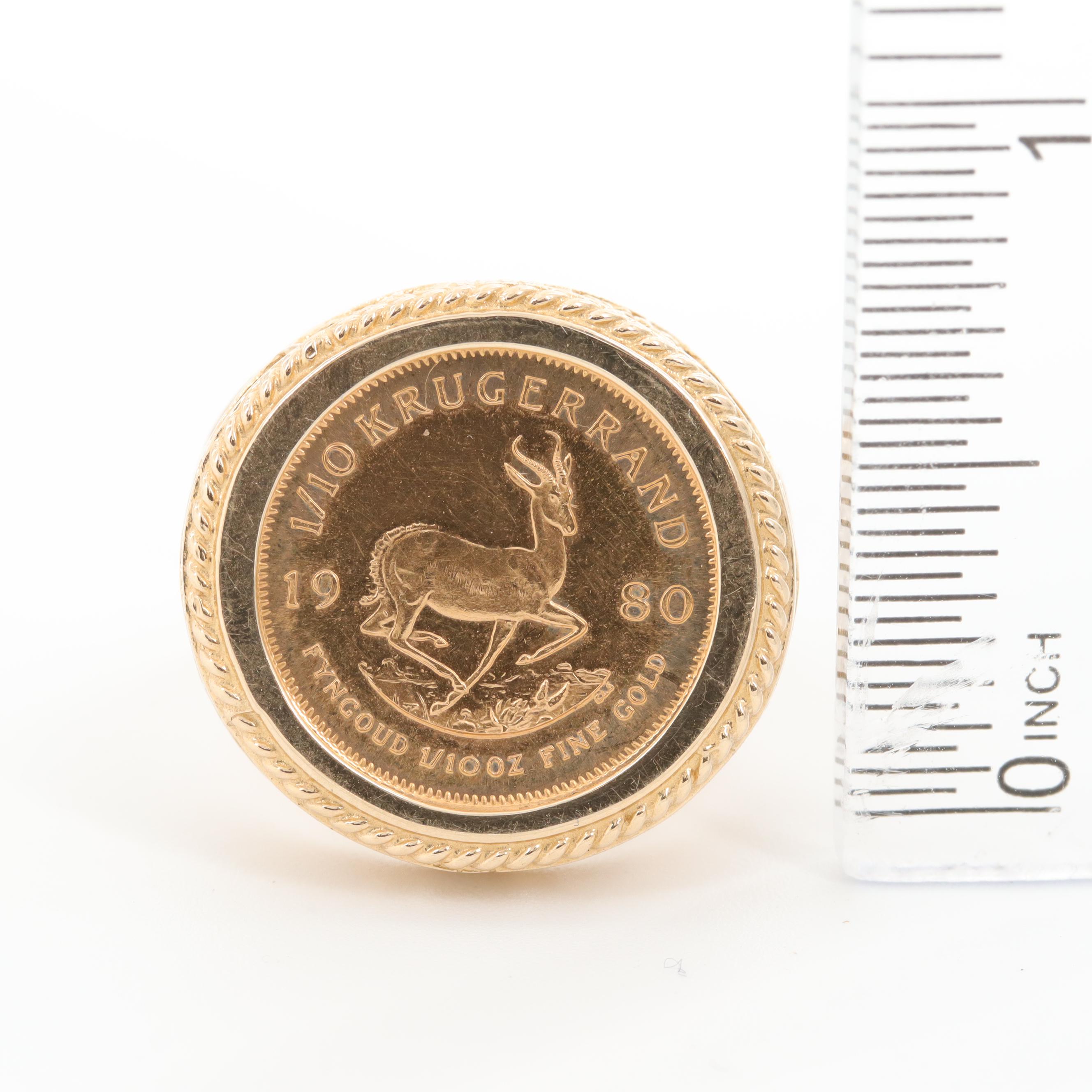 1980 South Africa 1/10 Oz. Krugerrand Gold Bullion Coin Ring