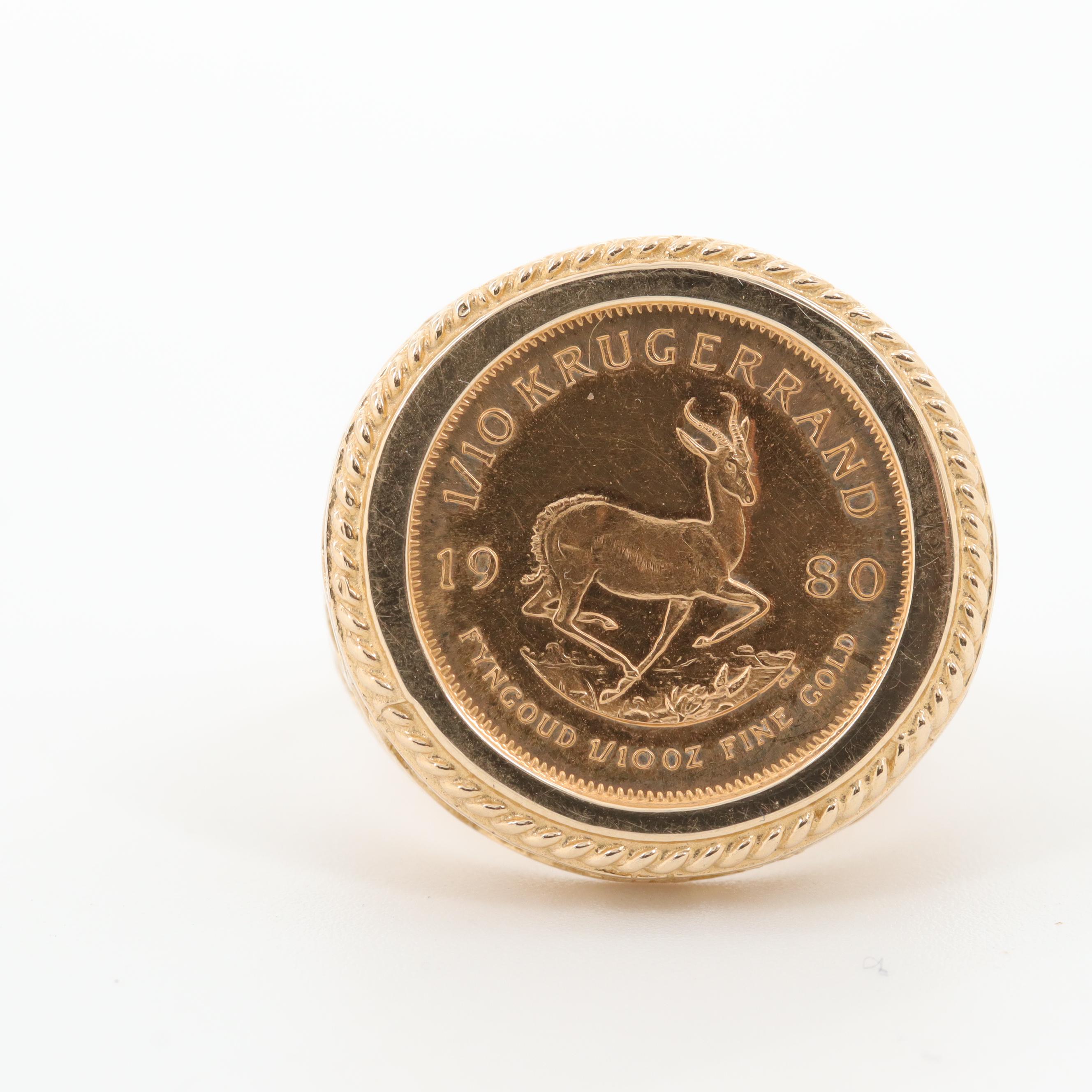 1980 South Africa 1/10 Oz. Krugerrand Gold Bullion Coin Ring
