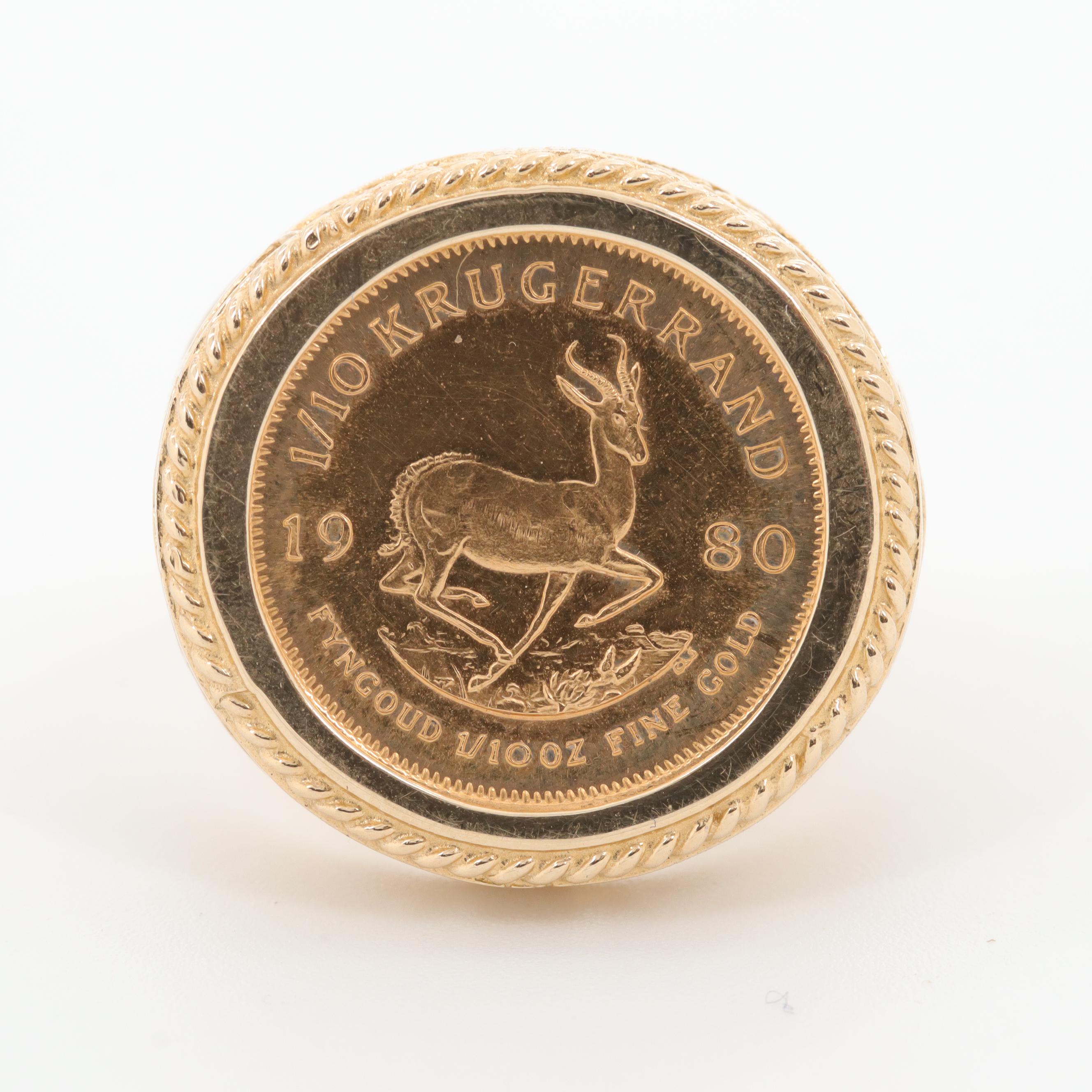 1980 South Africa 1/10 Oz. Krugerrand Gold Bullion Coin Ring