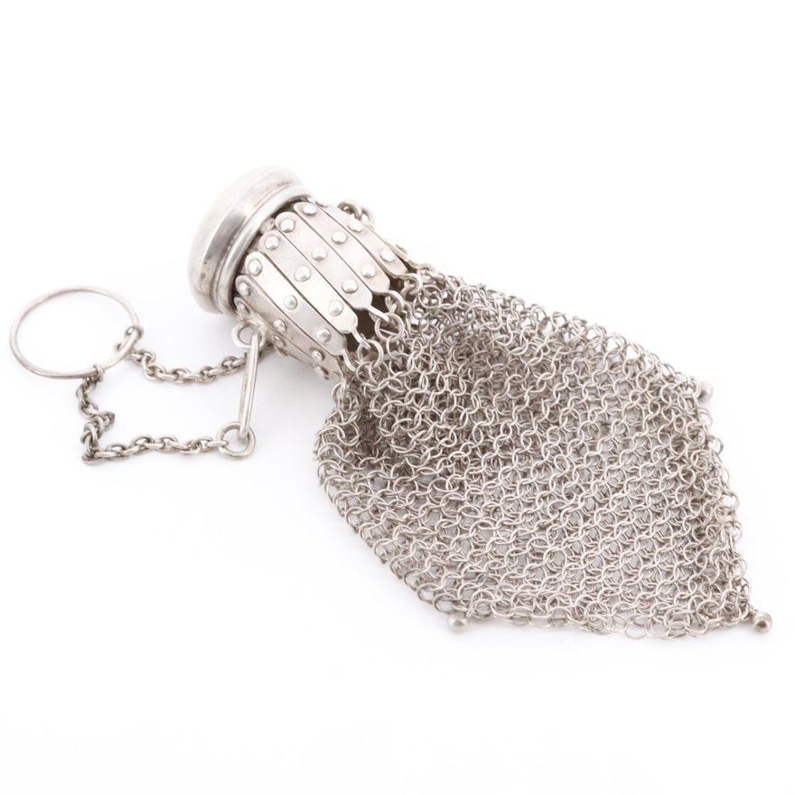 Sterling Silver Chainmail Gate Top Chatelaine Coin Purse with Monogram, Antique
