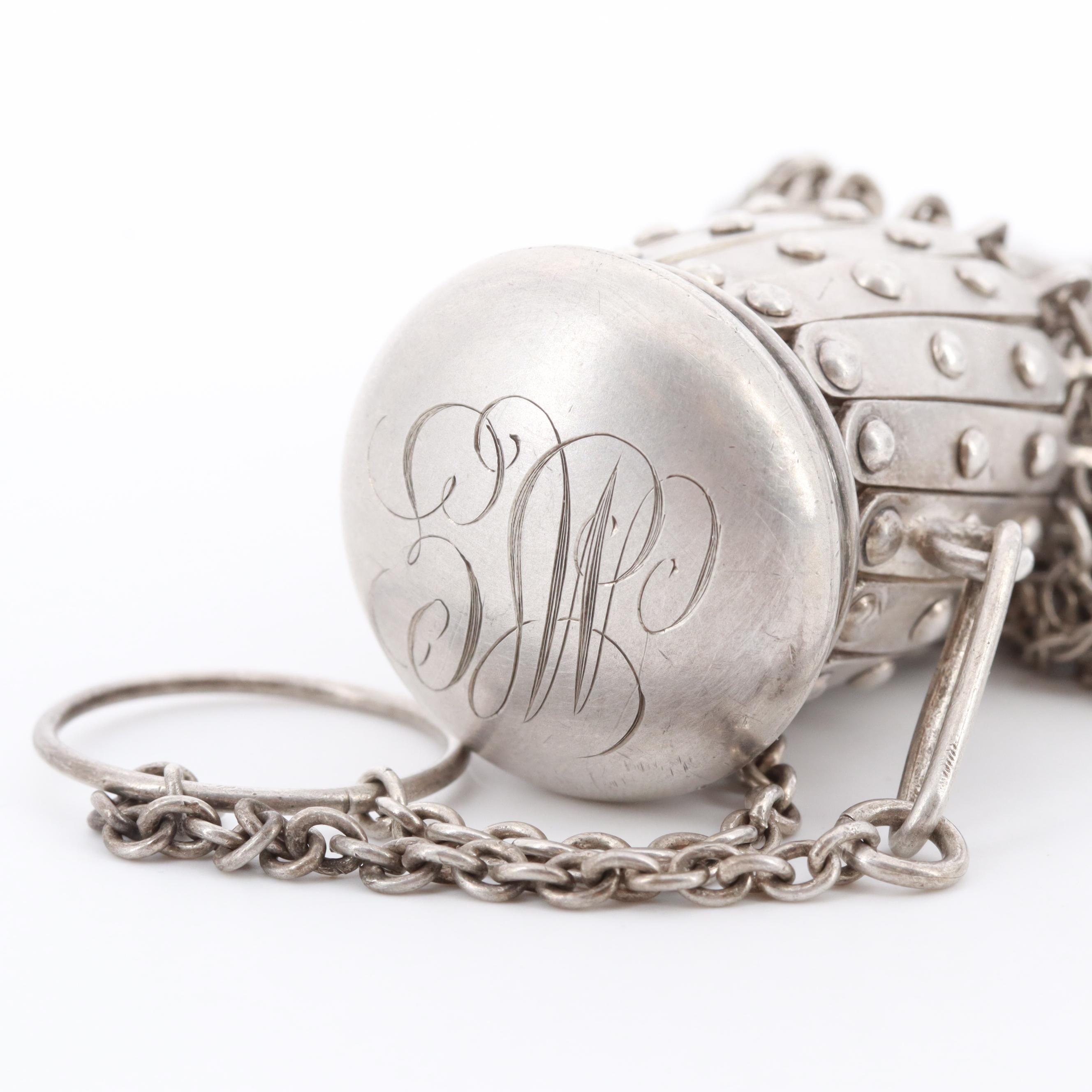 Sterling Silver Chainmail Gate Top Chatelaine Coin Purse with Monogram, Antique