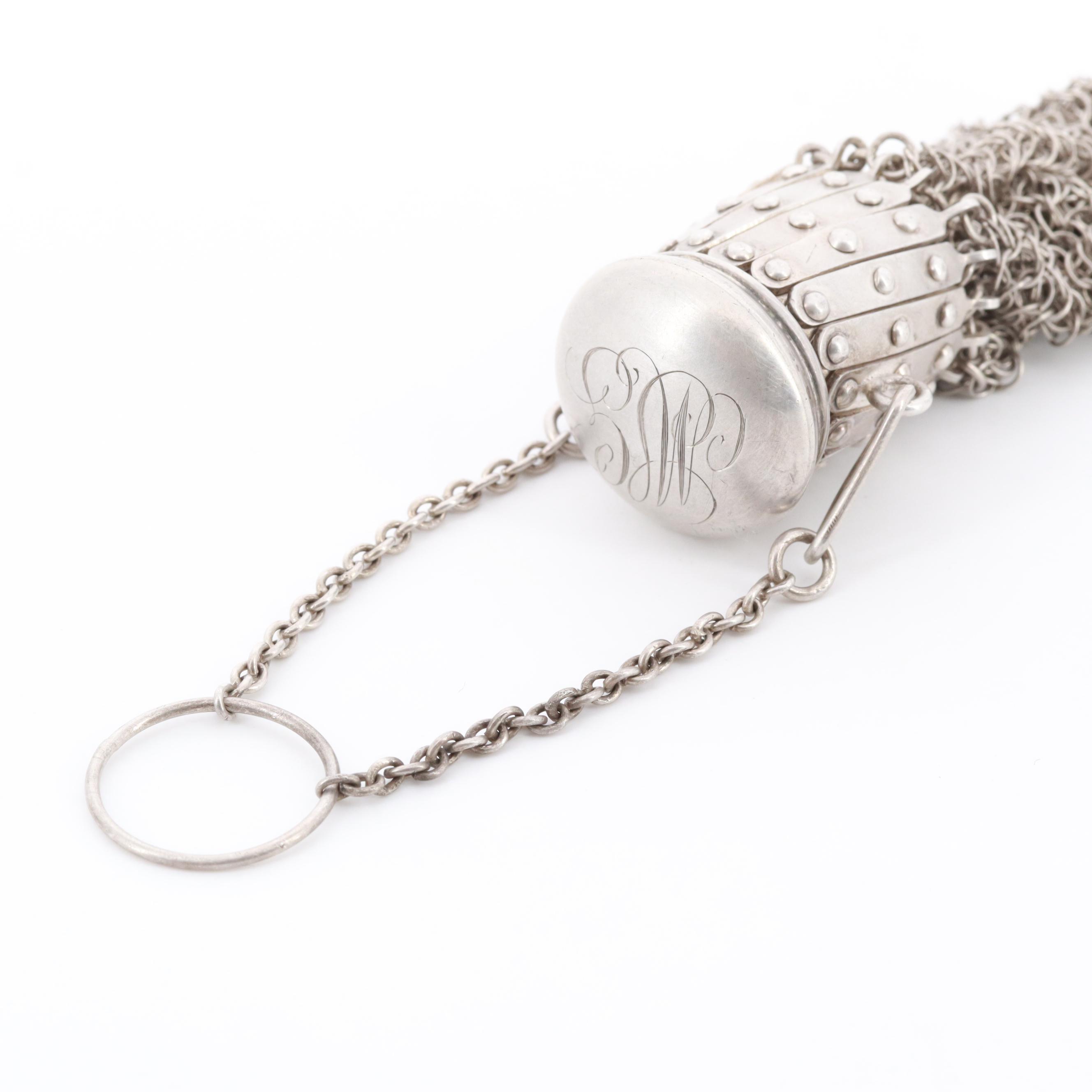 Sterling Silver Chainmail Gate Top Chatelaine Coin Purse with Monogram, Antique