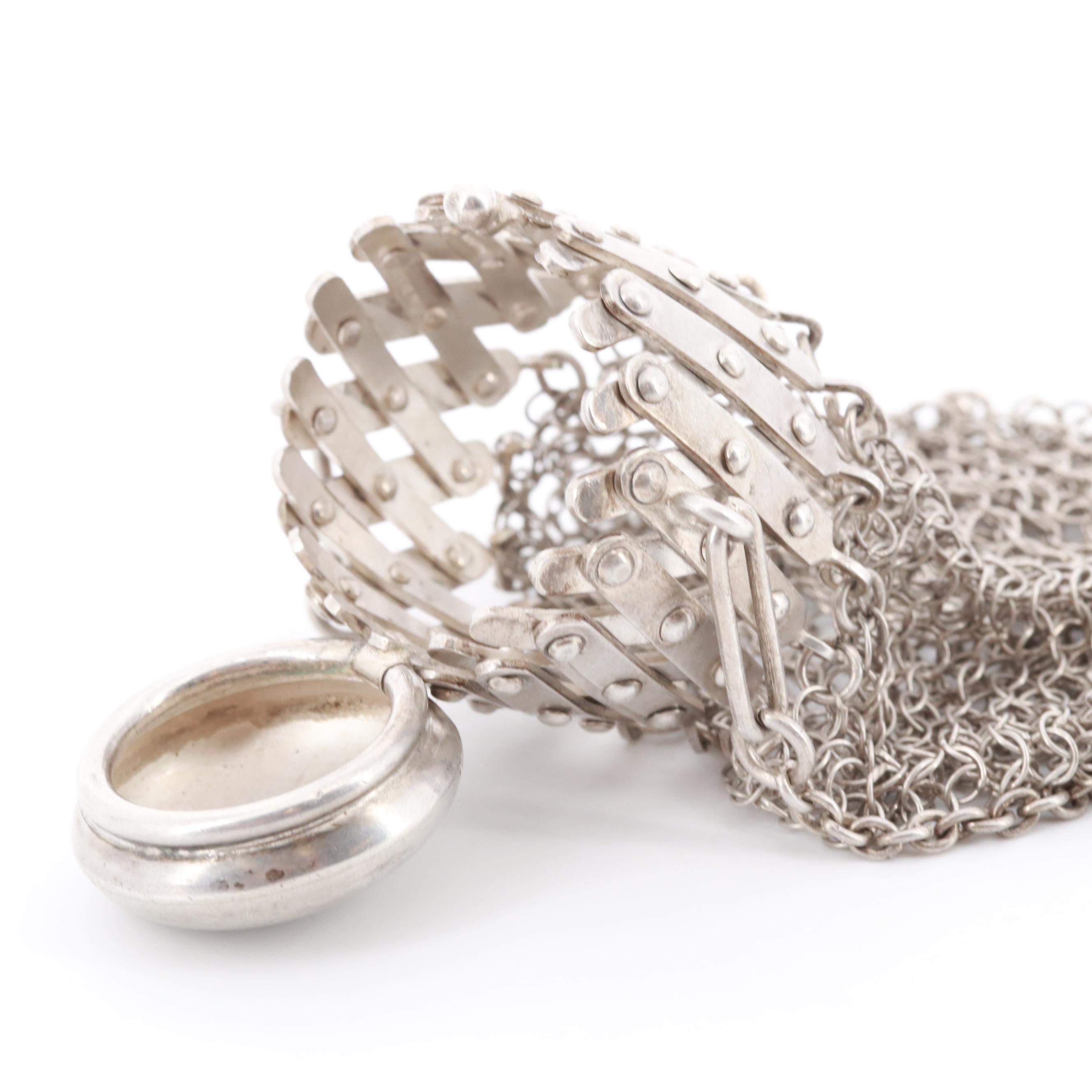 Sterling Silver Chainmail Gate Top Chatelaine Coin Purse with Monogram, Antique