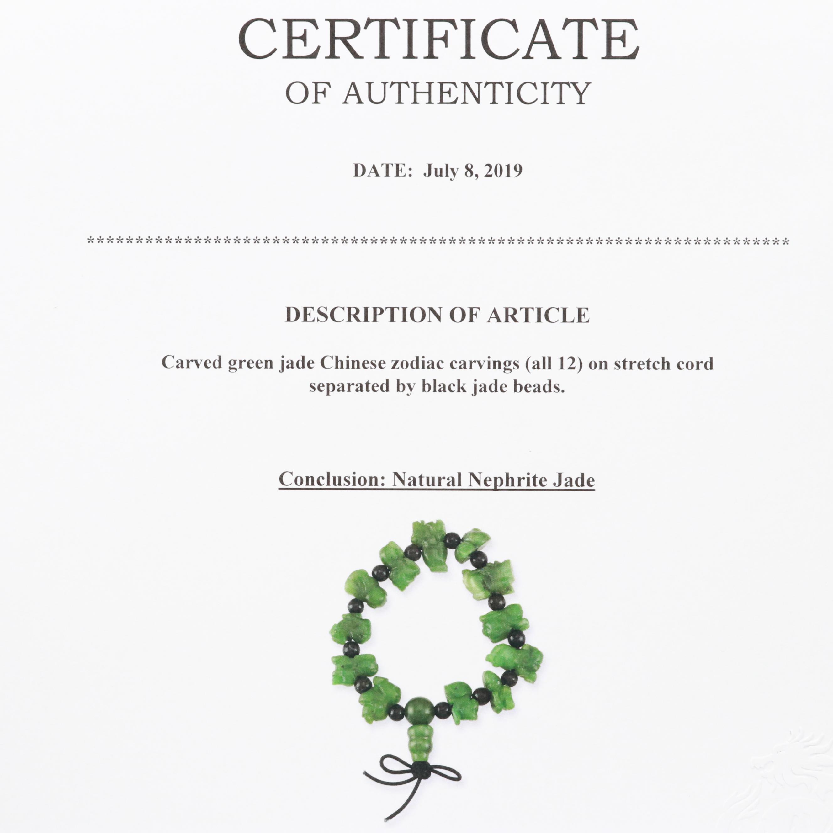 Chinese Nephrite Jade Zodiac Bracelet with Mason-Kay Report