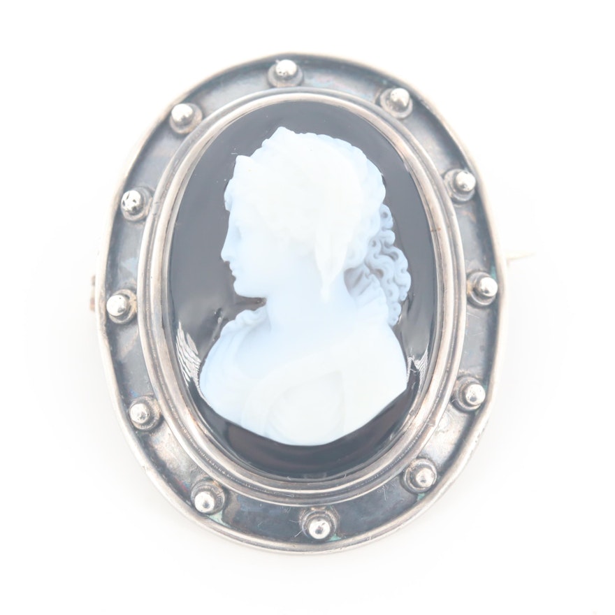 Vintage Sterling Silver Onyx Cameo Brooch