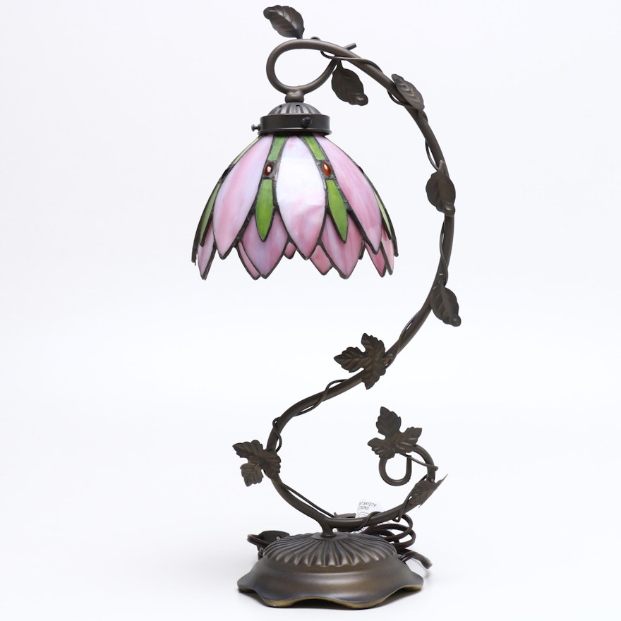 Metal Tole Table Lamp with Ivy Decoration and Layered Slag Glass Shade