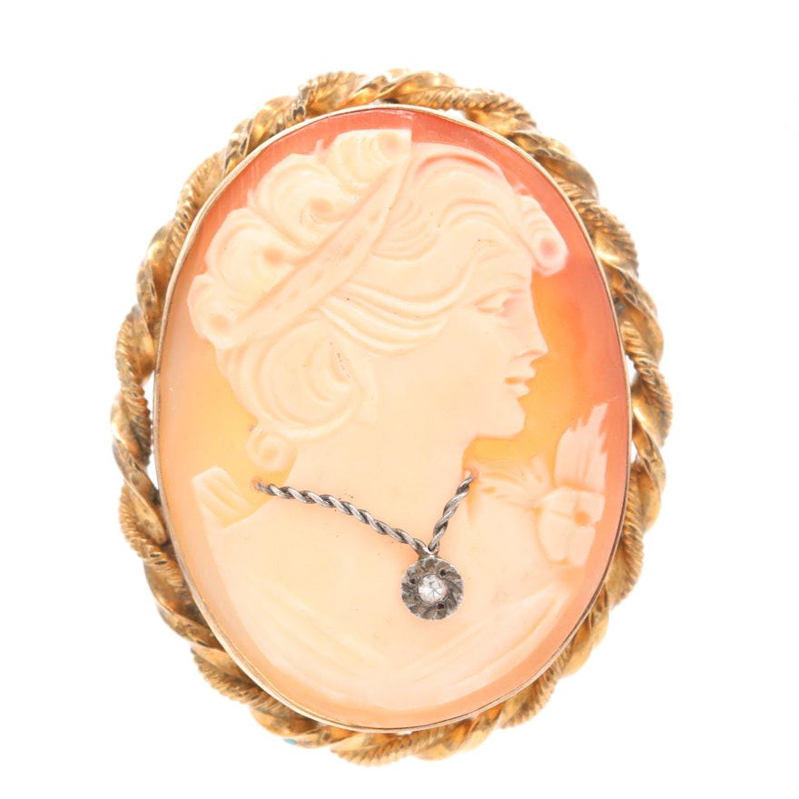 Sterling Silver Shell and Diamond Carved Habillé Cameo Converter Brooch