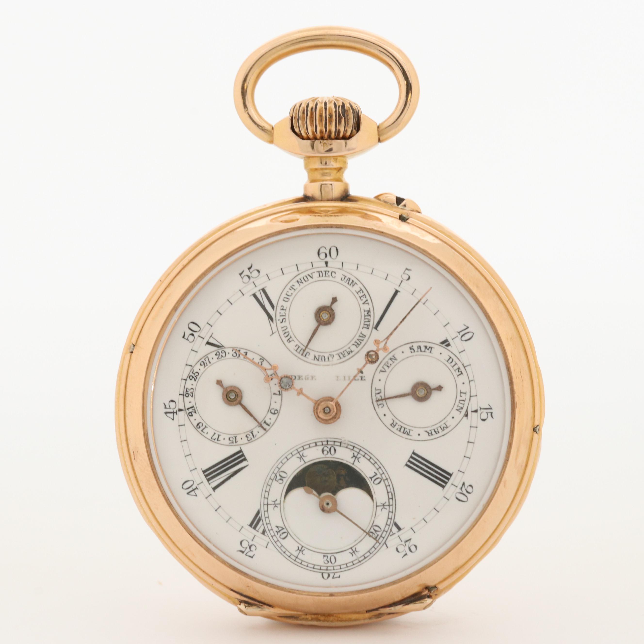 Antique Degroux Lille Moon Phase Calendar 18K Gold Open Face Pocket Watch