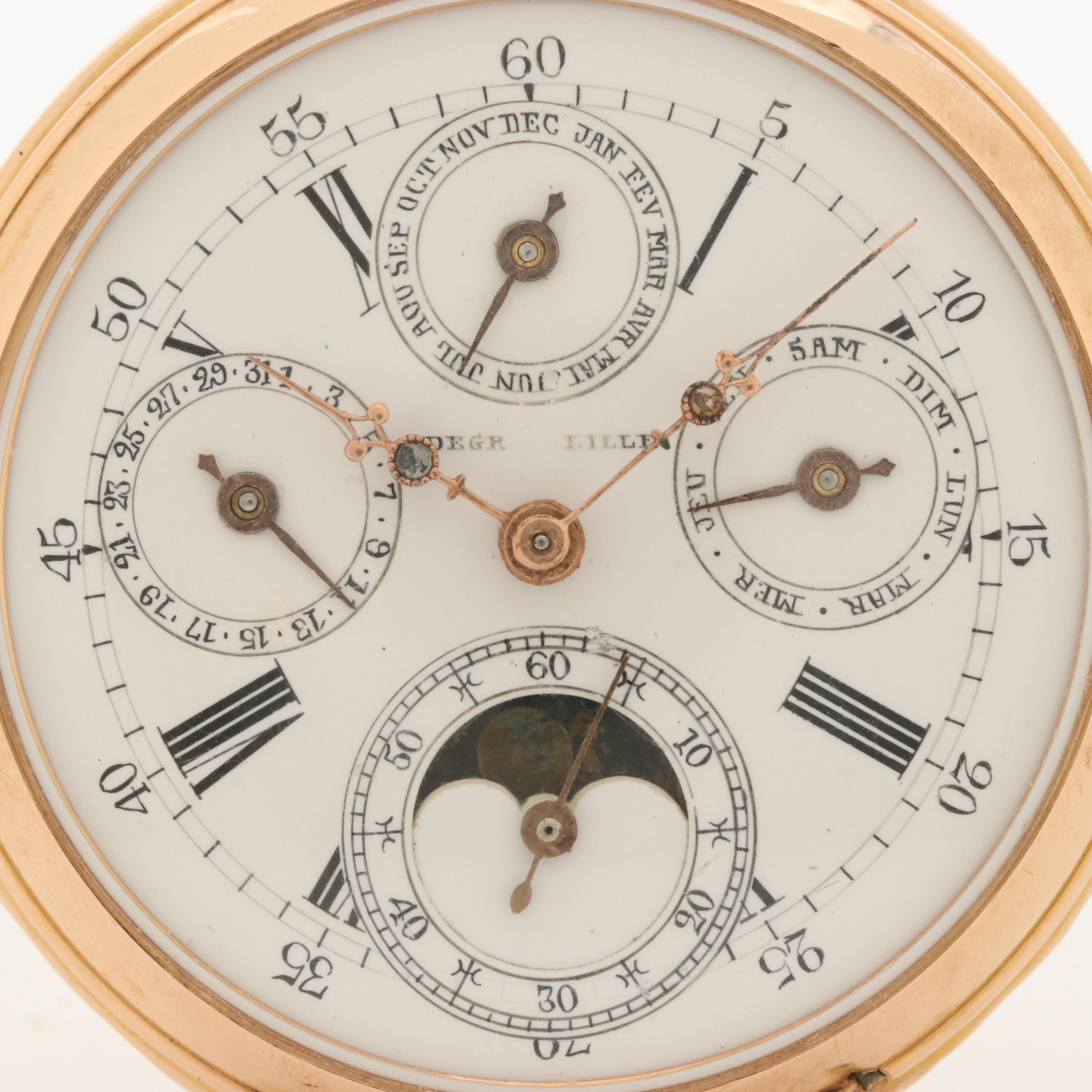 Antique Degroux Lille Moon Phase Calendar 18K Gold Open Face Pocket Watch